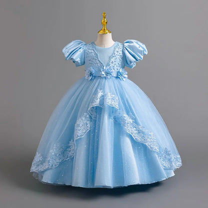 Girl's Pearl Bubble Sleeves Princess Dress 4-12 Years Old Fashionable Flower Lace Satin Dress Birthday Wedding Flower Girl Dress