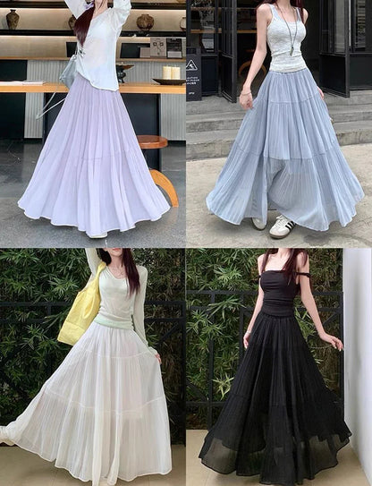 Women's High Waist Pleated Maxi Skirt, Casual A-Line Flowy Tiered Long Skirt, Elegant Beach Vacation Skirts for Ladies