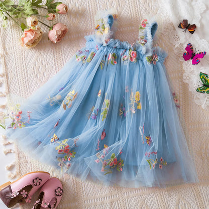 Outdoor Summer Cute Princess Dress Toddler Baby Girls Embroidery Flower Suspender Mesh Dresses Birthday Party Princess Dresses