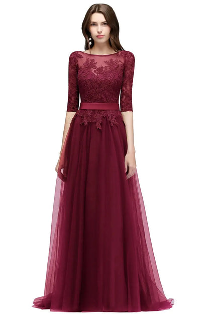 Scoop Neckline Zipper Up Tulle Long Floor-length Dresses Lace Applique Half Sleeve High Split Wedding Evening Party Prom Gowns