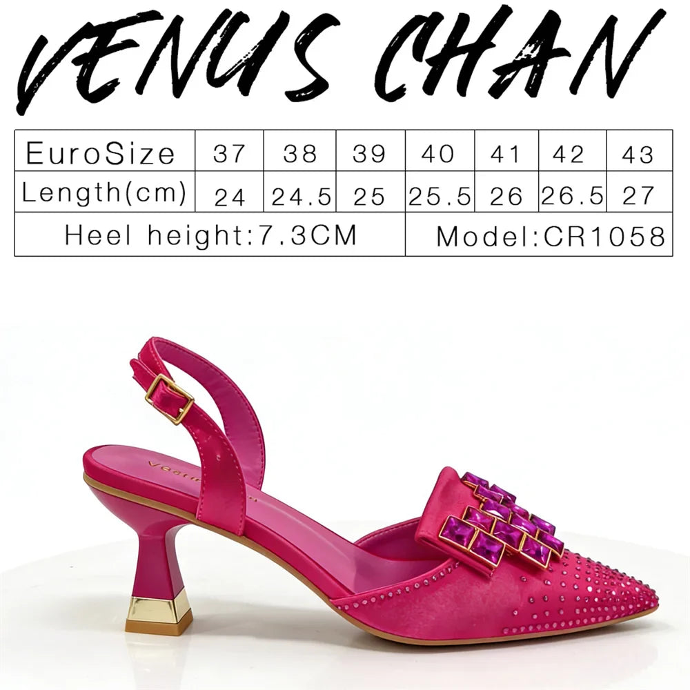Fuchsia Rhinestone High Heel Shoes & Matching Bag Fashionable Pointed-Toe Footwear for Women - Perfect for Parties