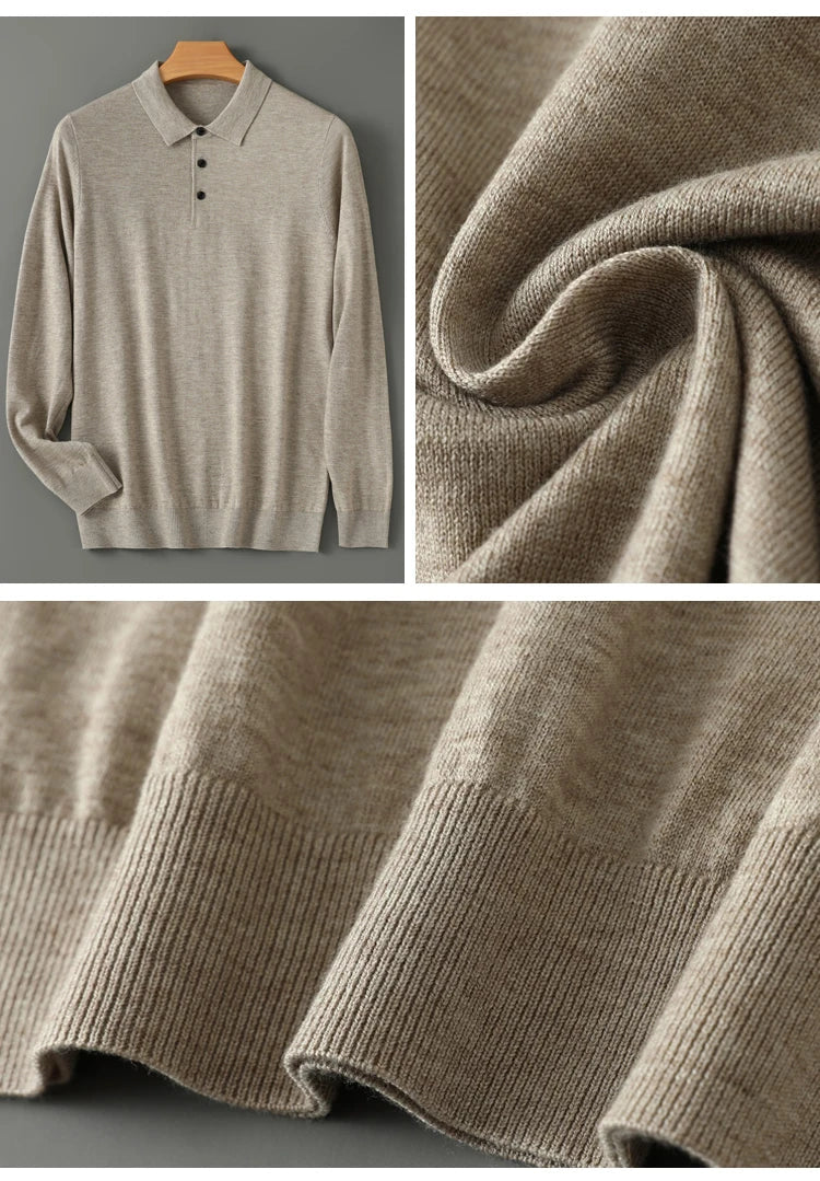 Spring Autumn Men Shirt  Merino Worsted Wool Knitted Pullover Long Sleeve Polo-Collar Clothing Tops Smart Casual Thin Outerwears