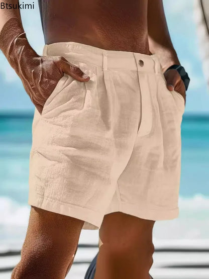 2026 Summer Cotton Linen Shorts for Men Solid Casual Button Pocket Beach Shorts Men's Comfortable Simple Vacation Leiture Pants