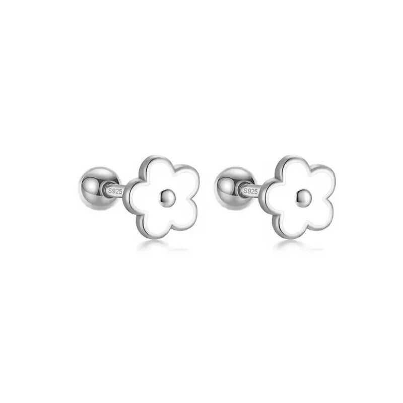 925 Sterling Silver Romantic White Enamel Flower Screw Bead Stud Earrings for Women Fashion Simple Piercing Jewelry Gift