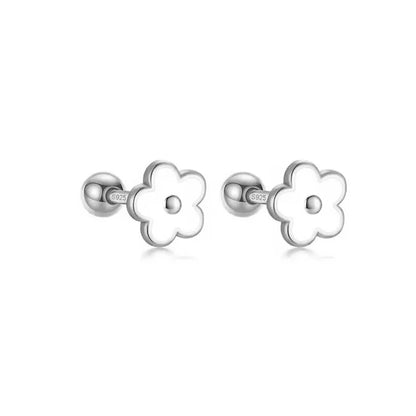925 Sterling Silver Romantic White Enamel Flower Screw Bead Stud Earrings for Women Fashion Simple Piercing Jewelry Gift