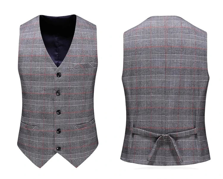 (  Blazer + Vest + Pants ) High-end Brand Gray Plaid Mens Formal Business Office Suit Three-piece Groom Wedding Dress Party Suit