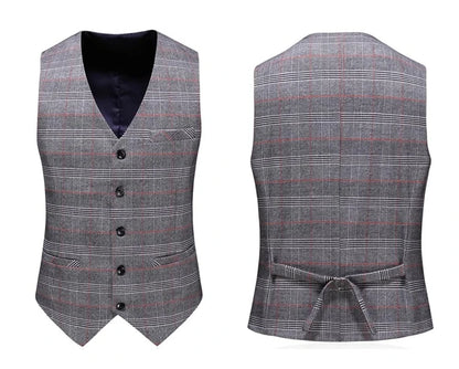 (  Blazer + Vest + Pants ) High-end Brand Gray Plaid Mens Formal Business Office Suit Three-piece Groom Wedding Dress Party Suit