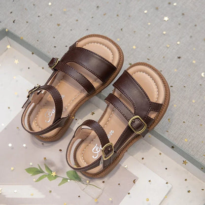Girls Roman Sandals Open Toe Little Kids Leather Sandals with Buckle Open Toe Children Summer Beach Shoes Non-Slip Soft Sole