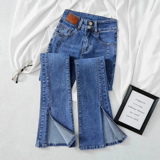 High-waist Stretch Split Flare Jeans Denim Trousers