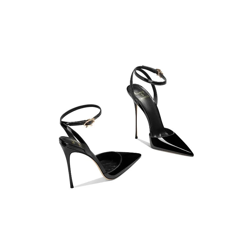 Black patent leather high-end, versatile and comfortable high heels, 2026 autumn new style pointed thin heel sandals for women