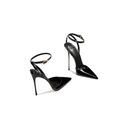 Black patent leather high-end, versatile and comfortable high heels, 2026 autumn new style pointed thin heel sandals for women