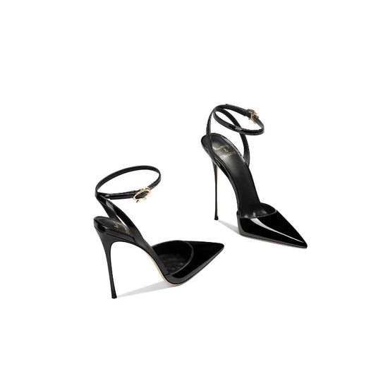 Black patent leather high-end, versatile and comfortable high heels, 2026 autumn new style pointed thin heel sandals for women