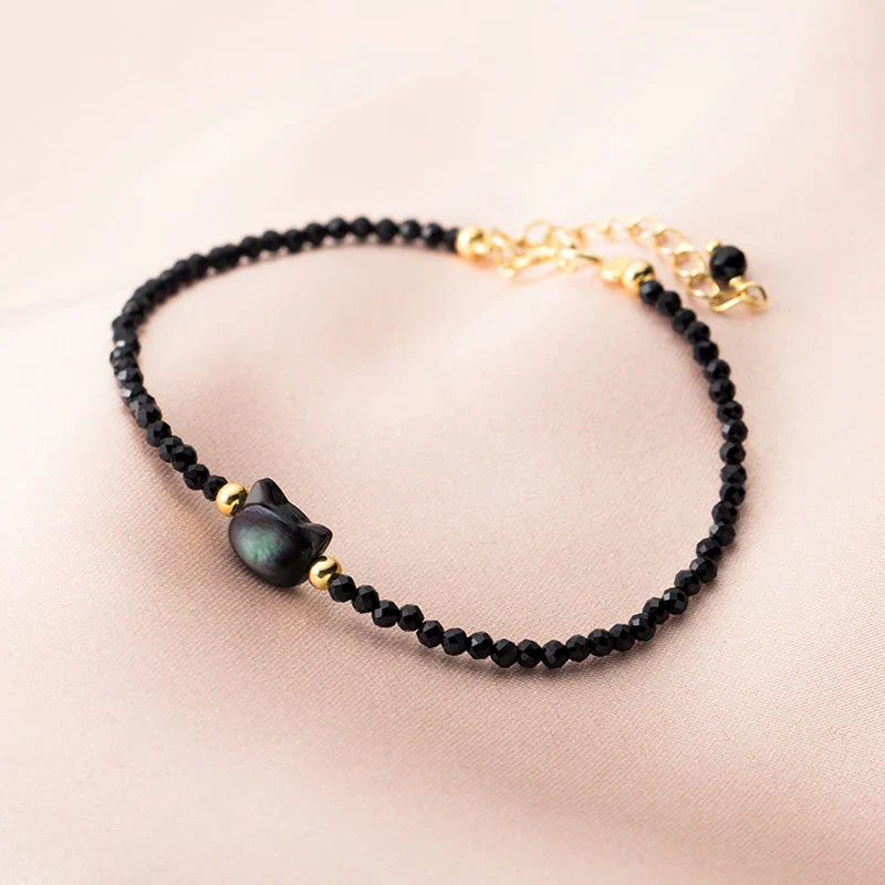 925 Sterling Silver Vintage Black Round Crystal Bracelet Cute Cat Link Chain Bracelet For Women Party Jewelry Gifts