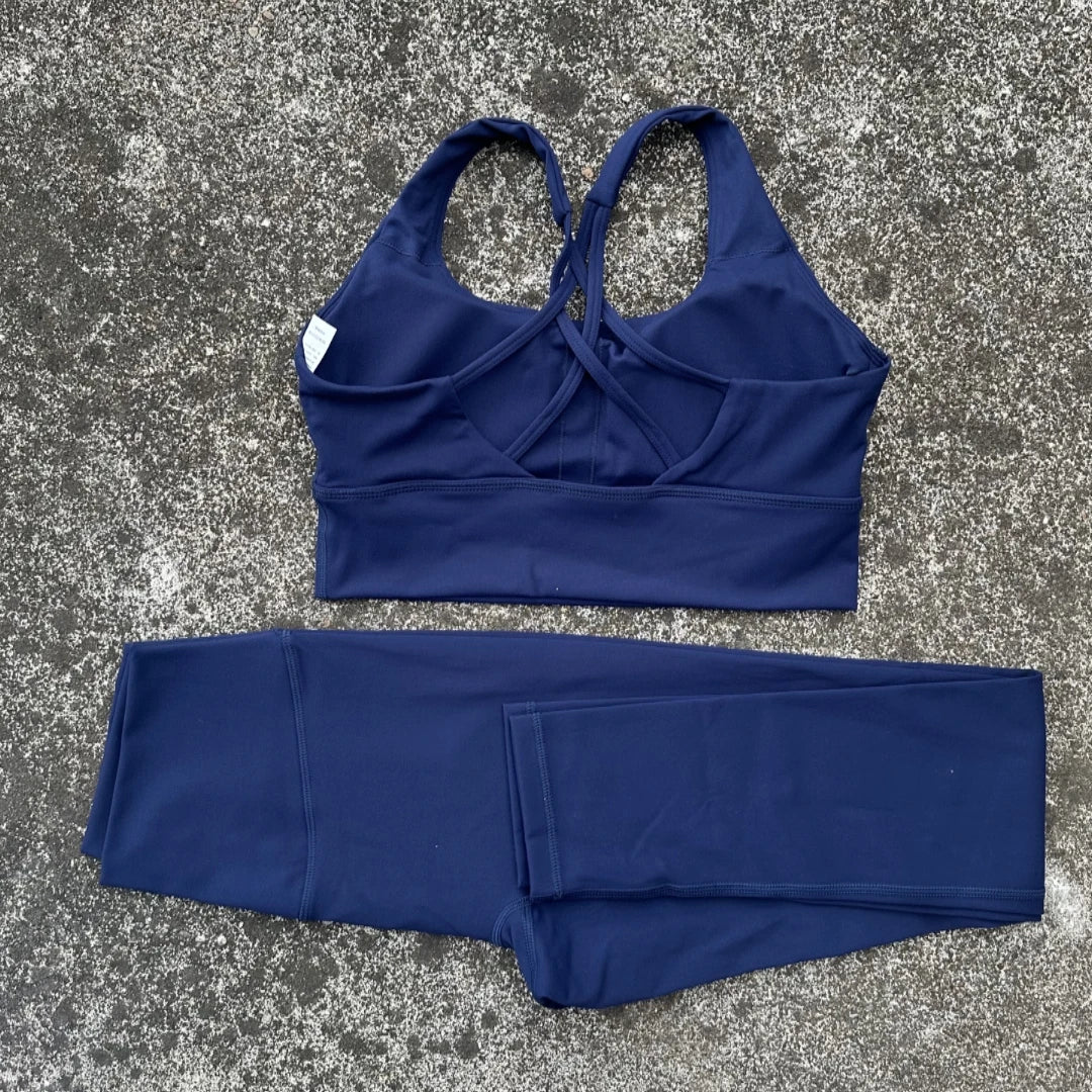 Solid Color Women Gym Yoga Set Shoulder Strap Cross Back Push Up Sport Bra High Waist Yoga Leggings 2pc Sportwear Workout Wear