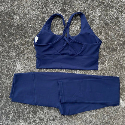 Solid Color Women Gym Yoga Set Shoulder Strap Cross Back Push Up Sport Bra High Waist Yoga Leggings 2pc Sportwear Workout Wear