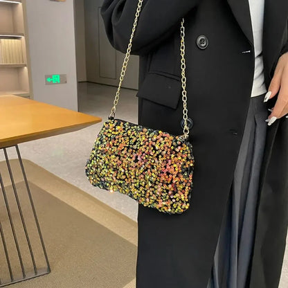 Solid Color Sequins Crossbody Bag Simple Chain INS Small Square Bag Handbag Underarm Bag Evening Clutch Bag Female