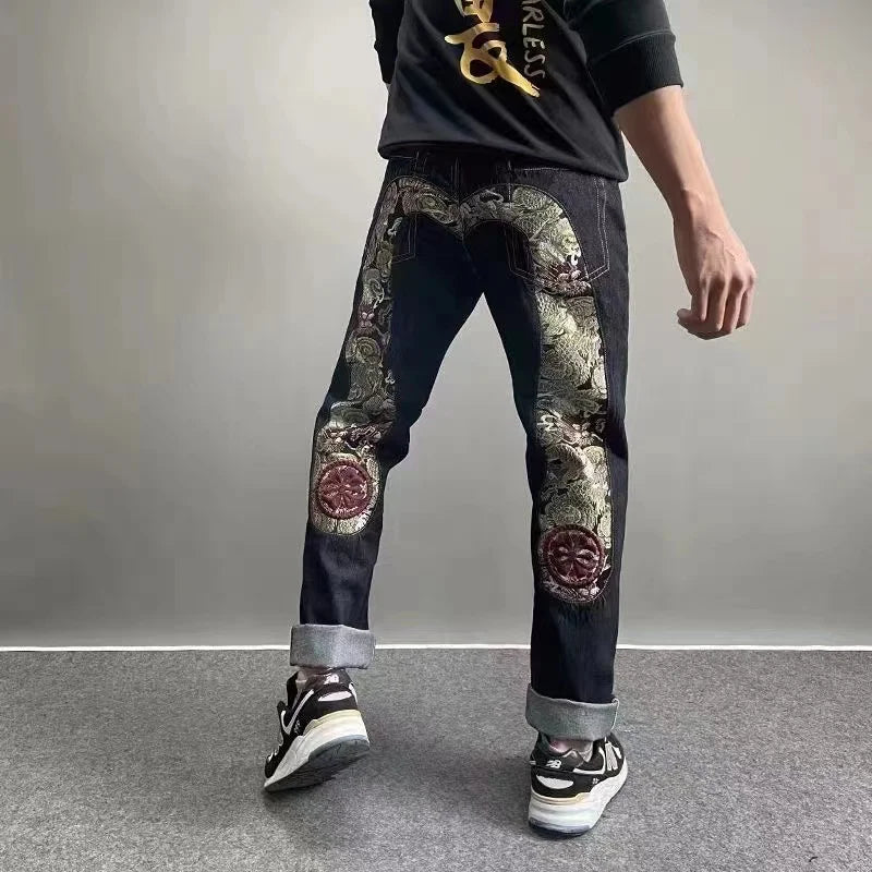 Men's Japanese Handmade Embroidered Cotton Jeans Straight Tube Slim Fit Hip-Hop Trousers Red Ear Detail Devil Big M Golden Text