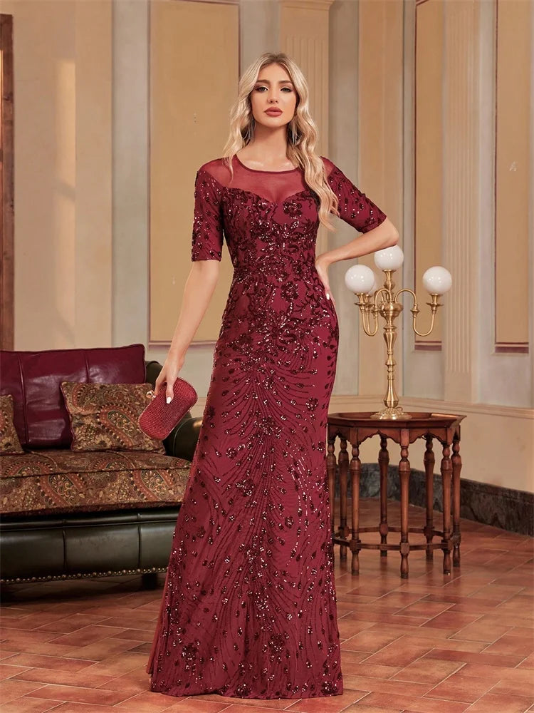 Vestido de Festa Formal Luxuoso com Gola Redonda, Tule e Paetês, Manga Curta, Para Casamento, Baile de Formatura, Coquetel, Sereia, Madrinha