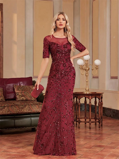 Vestido de Festa Formal Luxuoso com Gola Redonda, Tule e Paetês, Manga Curta, Para Casamento, Baile de Formatura, Coquetel, Sereia, Madrinha