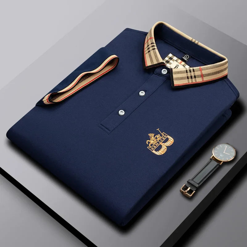 Summer novel men's high-end lace collar B-shaped short sleeved polo shirt, comfortable and casual business T-shirt