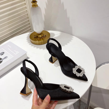 Brand Women Pumps Luxury Crystal Slingback High Heels Summer Bride Shoes Comfortable triangle Heeled Party Wedding Shoes
