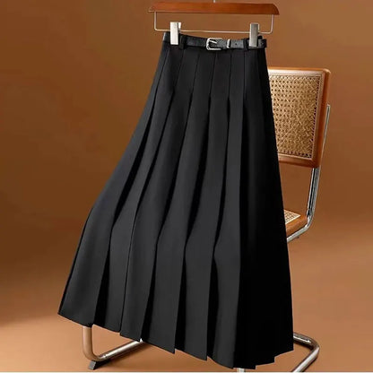 Gray Solid Folds Office Lady Casual High Waist A-line Loose Women's Skirt Mid-Calf Long Skirts For Women Clothing Fashion 2024