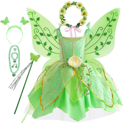 Elf Movie Tinker Bell Girls Play Fairy Dress Green Suspender Skirt With Wings and Flower Christmas Gift for Girls