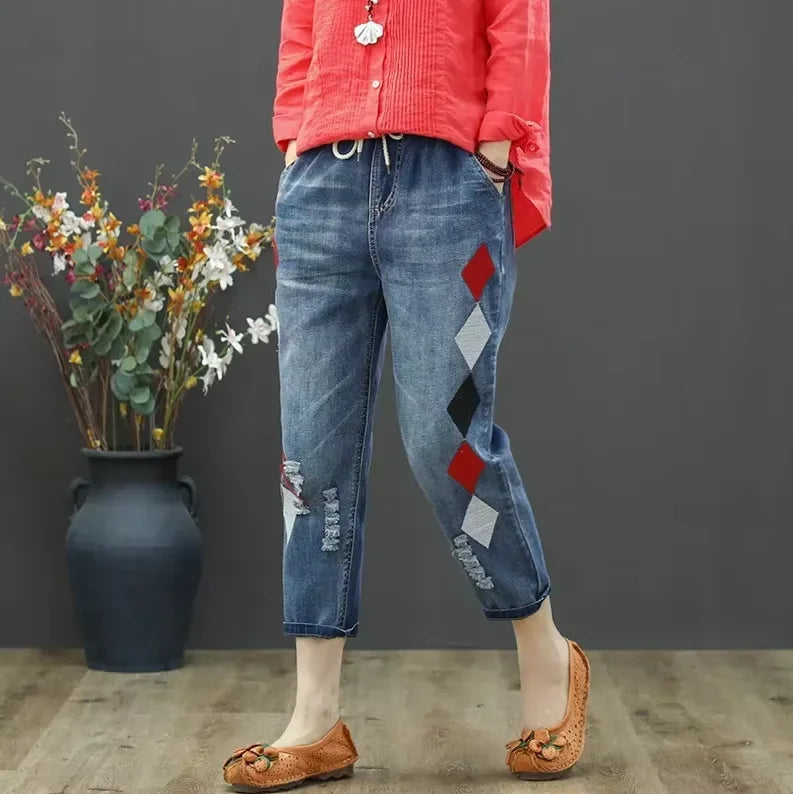 Womens Vintage Floral Loose Denim Pants 2025 Spring Chinese Style Casual Ripped Blue Jeans Holes Elastic Harem Trousers