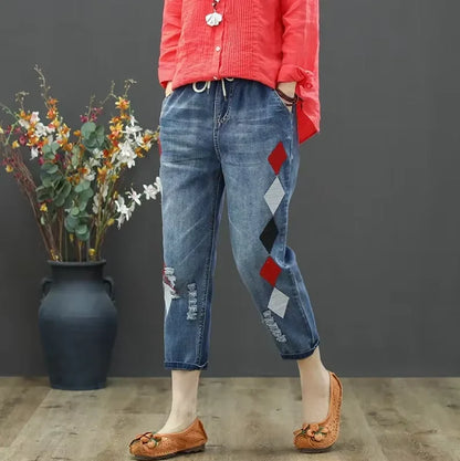 Womens Vintage Floral Loose Denim Pants 2025 Spring Chinese Style Casual Ripped Blue Jeans Holes Elastic Harem Trousers
