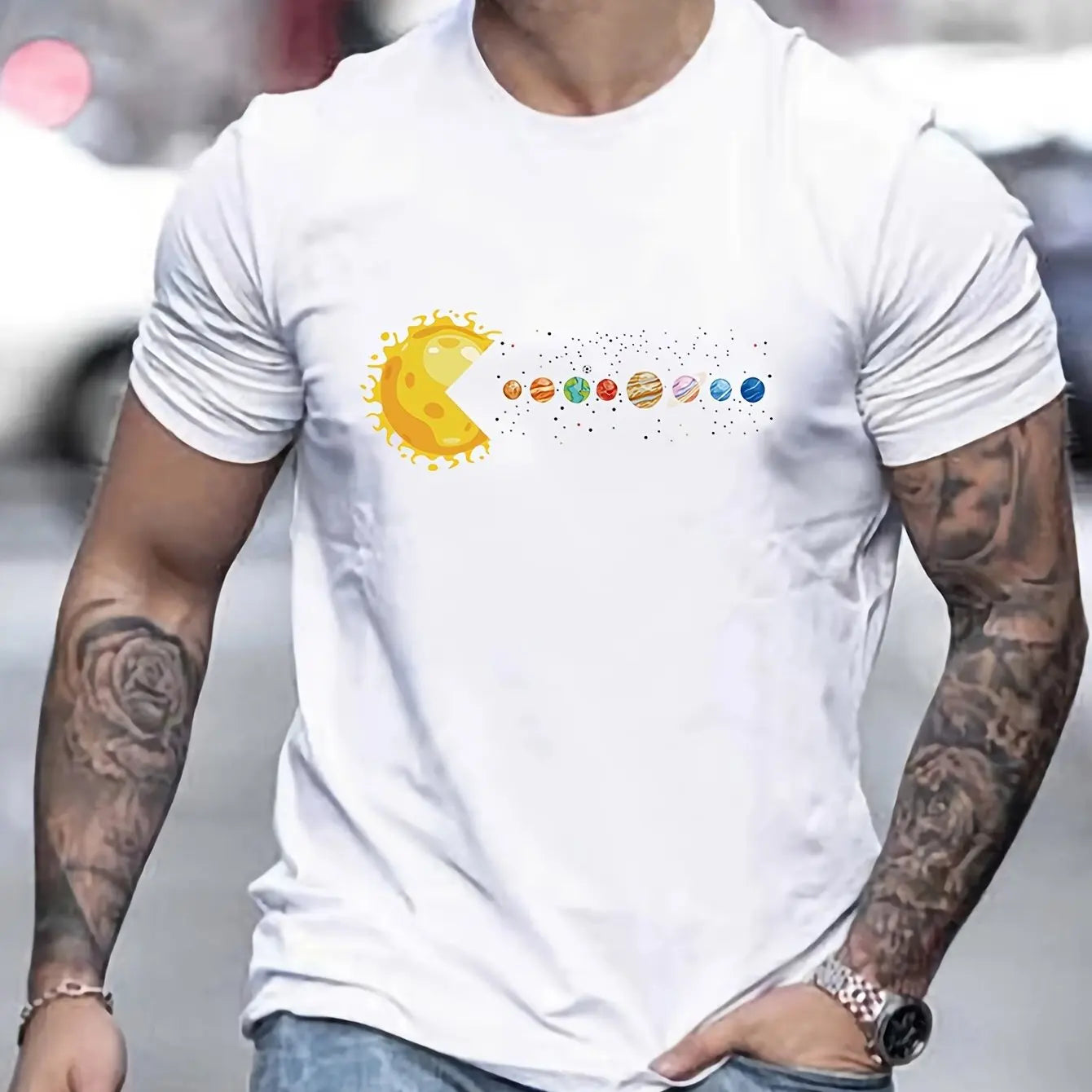 Men's 100% pure cotton summer loose and comfortable casual solar system Planets printed round neck short sleeved T-shirt top