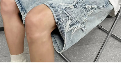 Star Patchwork Yellow Clay Color Jeans Summer Men Denim Shorts Trendy Streetwear Five-point Pants Straight Jeans Shorts