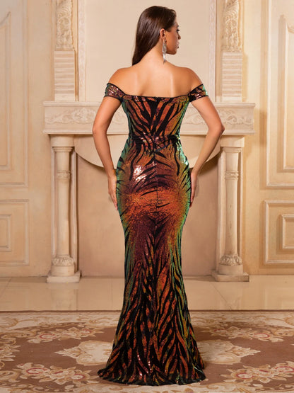 Elegant Gold Sequined Shiny Evening Dress Off Shoulder Bridesmaids Prom Gown