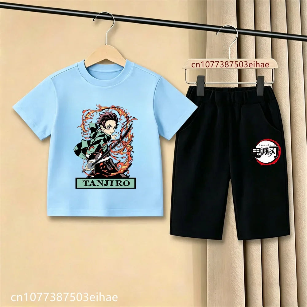 Demon Slayer Ghost Blade Art Print Kids T-Shirt Casual Shorts Manga Anime Style Boys Girls Summer Daily Casual Two Piece Outfit
