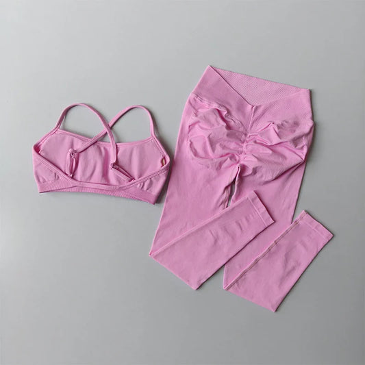 Peach Buttock Fitness Suit 2PCS High Waitsed Leggings Set Tight Yoga Sportswear Quick-drying Seamless Set Pilates Bra Women Sets