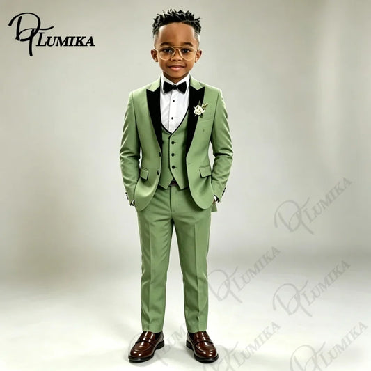 Three-Piece Suit with Vest for Boys, Green Wedding & Party Style
