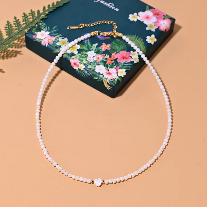 Mother of Pearl Beads Heart Choker Fashion Dyed Natural Shell Necklace for Women Stainless Steel Collares Femme