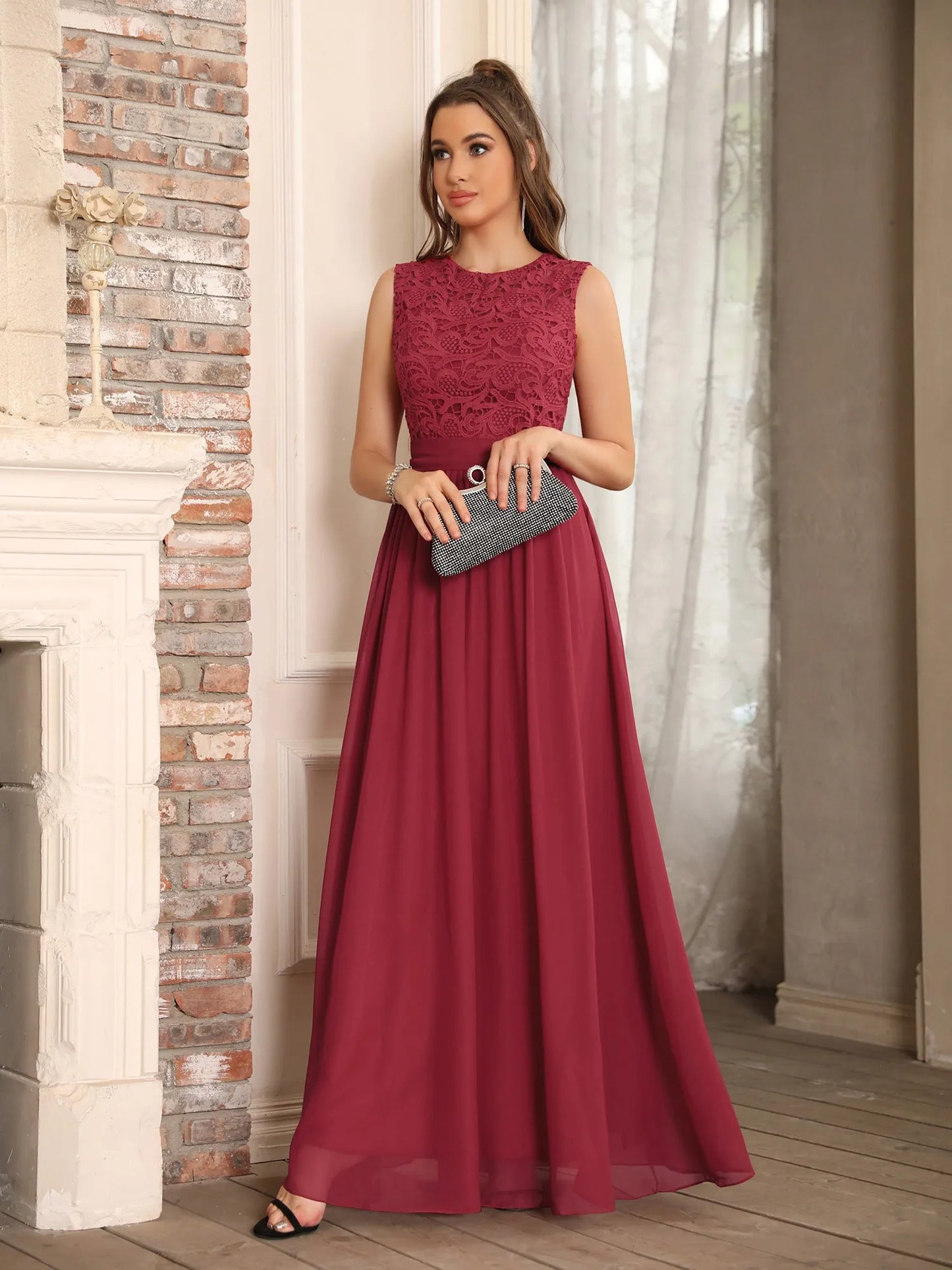 Hot Sale Lace A Line Prom Dress 2024 New Style Evening Dress Chiffon Back Illusion Bridsmaid Dress Pleat vestidos de fiesta