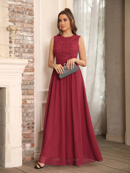 Hot Sale Lace A Line Prom Dress 2024 New Style Evening Dress Chiffon Back Illusion Bridsmaid Dress Pleat vestidos de fiesta