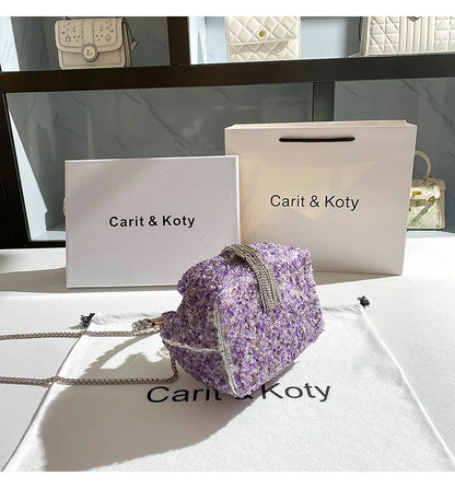 Luxury Designer Purple Stones Evening Clutch Bag Wedding Party Bucket Purse Metal Handle Women's Handbag Shoulder Messenger Bag