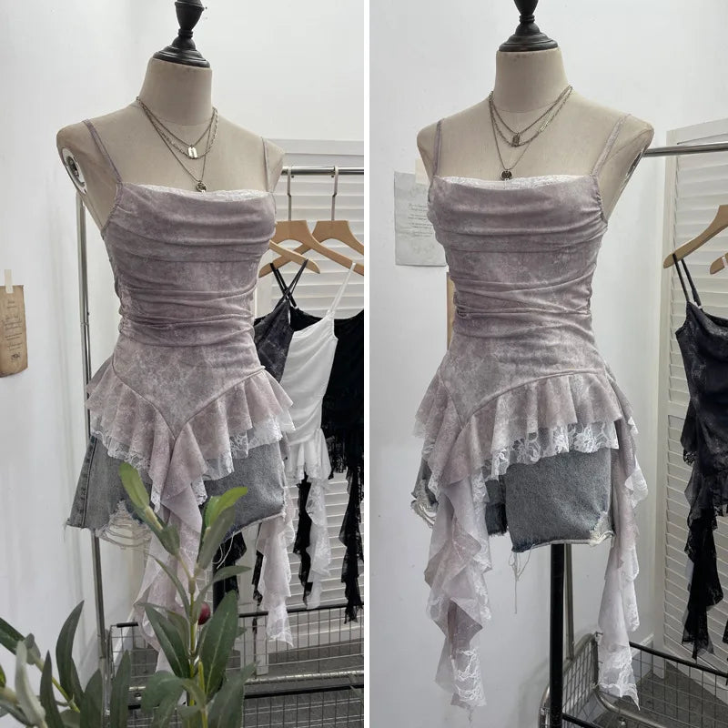 Summer Y2K Camisole for Women Casual Spaghetti Straps Double Layers Lace Stretch Mesh Patchwork Asymmetrical Slim Tops