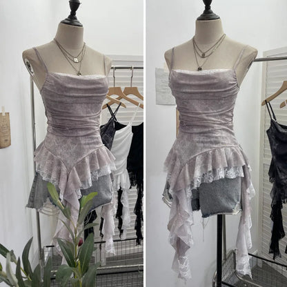 Summer Y2K Camisole for Women Casual Spaghetti Straps Double Layers Lace Stretch Mesh Patchwork Asymmetrical Slim Tops