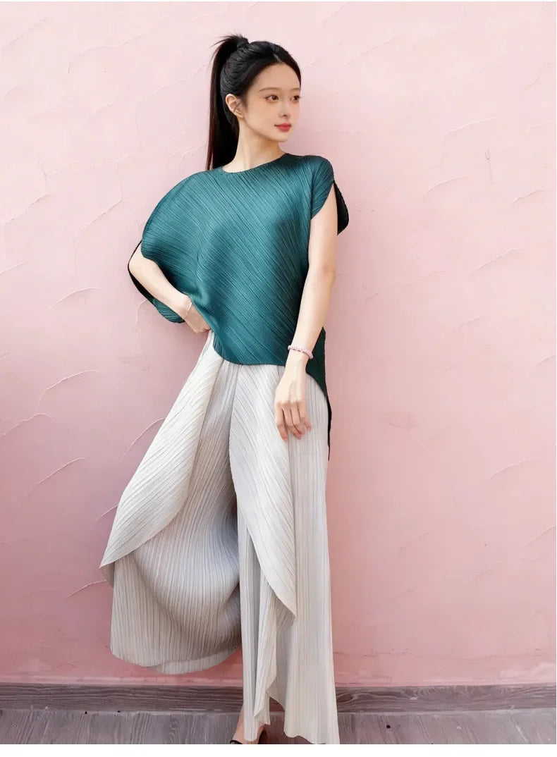 Miyake pleated high-end design fashionable irregular solid color round neck top for women