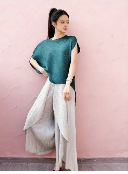 Miyake pleated high-end design fashionable irregular solid color round neck top for women