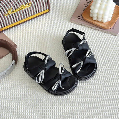 2026 Summer Girls Princess Sandals with Double Bow-knots Soft Fashion Classic Kids Summer Beach Shoes Open Toes Sweet Anti-skid