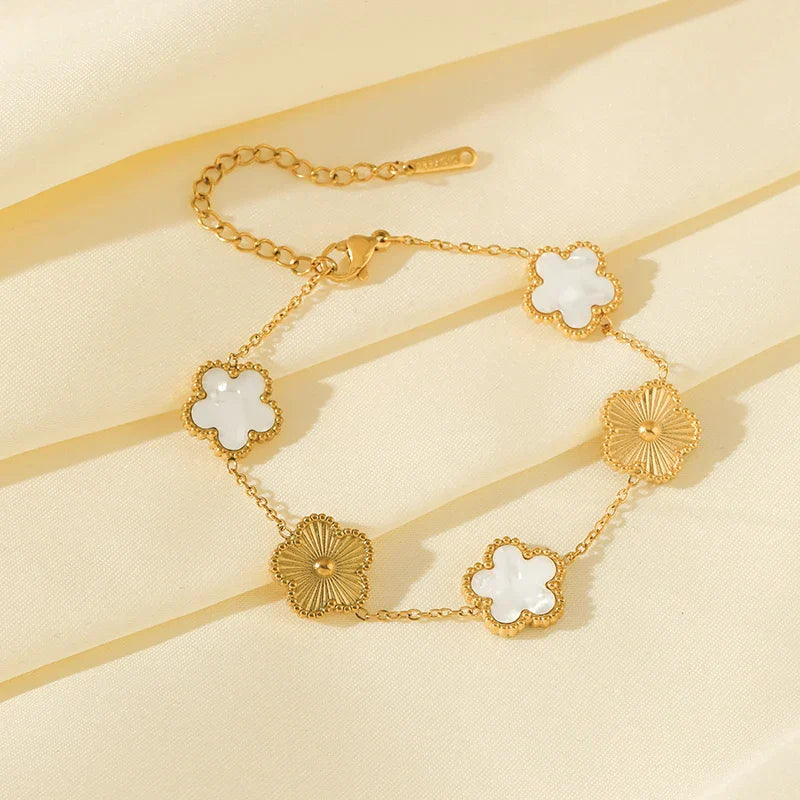 Stainless Steel White Plum Blossom Plant Leaf Flower Set Reversible Necklace Earrings Bracelet Women Clover Jewelry