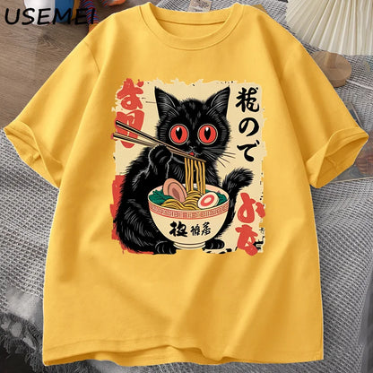 Vintage Japanese Black Cat Ramen T Shirts Cute Graphic Tee Funny Cat Eating Ramen T-Shirt Printing Cotton Short Sleeve Vintage