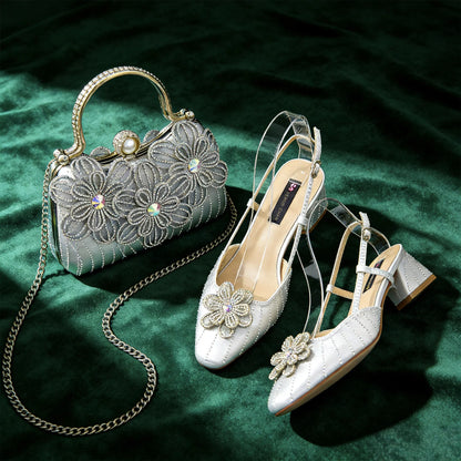 Party Shoes And Bag Ladies Heel Decoration Pure Elegant Flower Wedding Shoes And Bag Full rhinestone Fashion Handbag