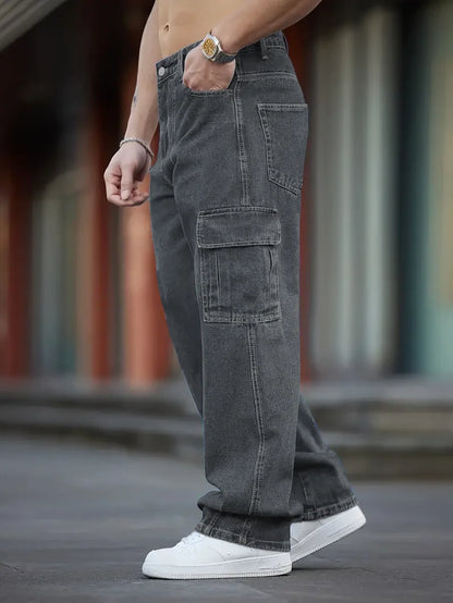 Men's Deep Blue Washed Denim Workwear Jeans Casual Multiple Pockets Design Loose Wide Leg Trousers Y2K Style Cargo Pants
