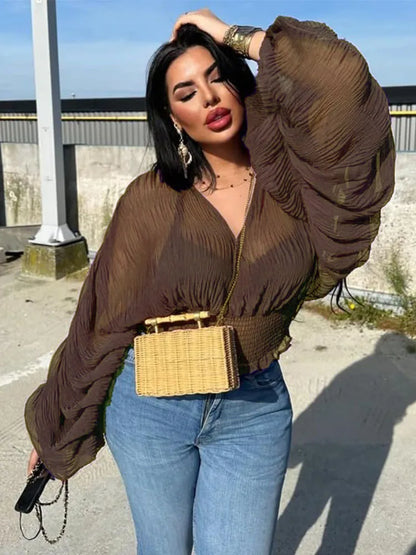 Summer Sexy Draped Chiffon Blouse For Women Elegant V-Neck Puff Long Sleeve Short Tops Female Slim Party Shirts 2022 New Fashion