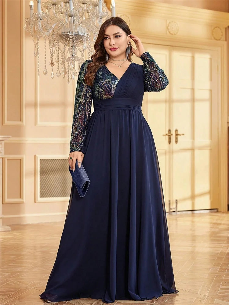 Vestidos de Noite Luxuosos Plus Size de Chiffon Manga Comprida Feminino Lantejoula Vermelho Festa Casamento Coquetel Formatura Comprimento Longo
